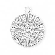 Stainless steel charms with strass round with sun Silver-Crystal