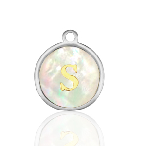 Stainless steel charms 12mm shell initial S White (natural colour)-Silver
