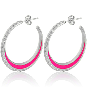 Stainless steel earrings creole 30mm Silver-Magenta