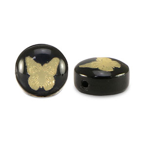 Glass beads rondelle butterfly Black-Gold