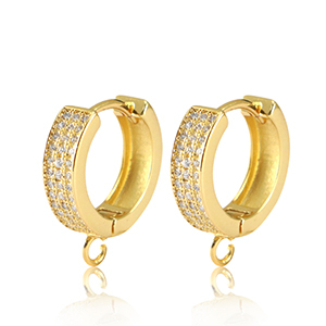 Brass TQ metal earrings creole with loop cubic zirconia Gold