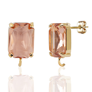 Crystal Glass earrings / earpins with loop rectangle Peach-Gold