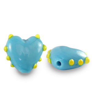 Hand-painted Glass beads heart dots Cyan Blue-Yellow