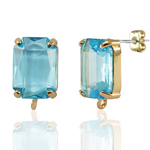 Crystal Glass earrings / earpins with loop rectangle Blue-Gold