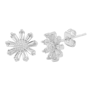 Brass TQ metal earrings / earpins cubic zirconia flower Silver