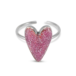 Stainless steel rings enamel heart glitter Vermilion pink-Silver