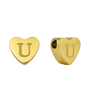 Stainless steel beads heart letter U Gold