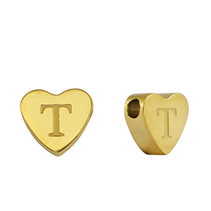 Stainless steel beads heart letter T Gold