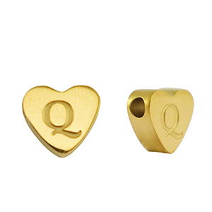 Stainless steel beads heart letter Q Gold
