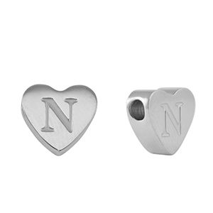 Stainless steel beads heart letter N Silver