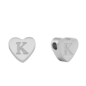 Stainless steel beads heart letter K Silver