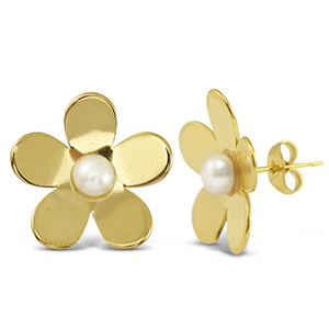 Stainless steel earrings / earpins pearls flower Gold