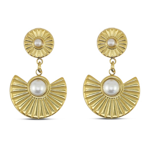 Stainless steel earrings / earpins fan with imitation pearls Gold