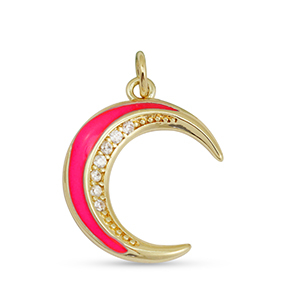 Brass TQ metal charms zirconia moon Gold-Fuchsia Pink