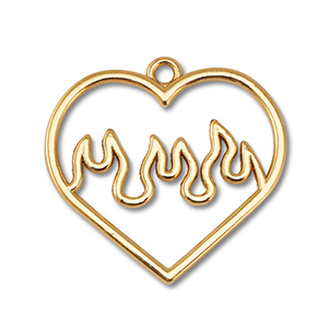 Metal charms heart with flames Gold