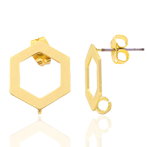 DQ European metal findings earpin hexagon with loop Gold (nickel free)
