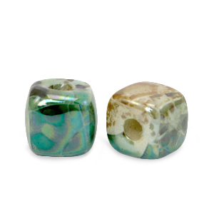 DQ greek ceramic beads cube 8mm Peacock Green-Beige Brown