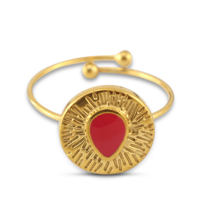 Stainless steel rings enamel round with drop Gold-Magenta Pink