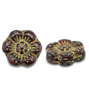 Czech Beads boho flower 14mm Transparent Red-Gold
