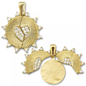 Eco-brass&reg; metal medallion charms zirconia round with heart / round Gold