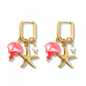Stainless steel earrings starfish & shell Gold-Red-White