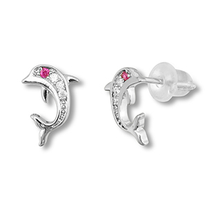 Brass TQ metal earrings / earpins dolphin Silver-Dark Pink
