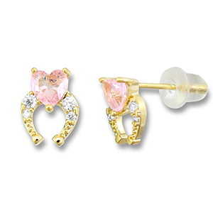 Brass TQ metal earrings / earpins horseshoe with heart Gold-Light Pink