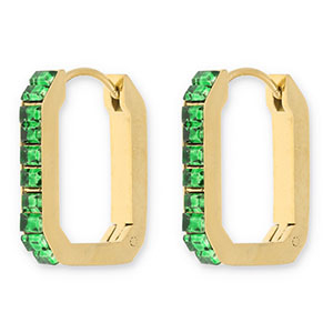 Stainless steel earrings / creoles rectangle with strass Gold-Green