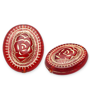 Acrylic beads oval with flower Red-Gold
