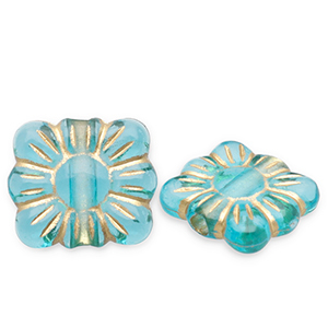 Acrylic beads rectangle with flower Teal Blue-Gold