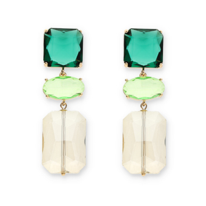 Crystal glass earrings / earpins square-oval-rectangle Dark Green-Light Green-Sand Beige