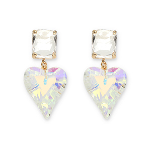 Crystal glass earrings / earpins rectangle-heart Transparent-Transparent AB Coating
