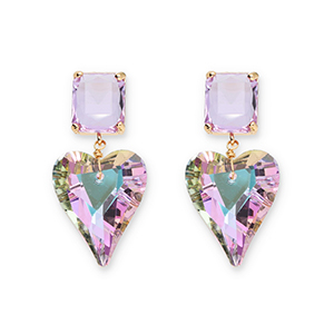 Crystal glass earrings / earpins rectangle-heart Lavender-Multicolor AB Coating