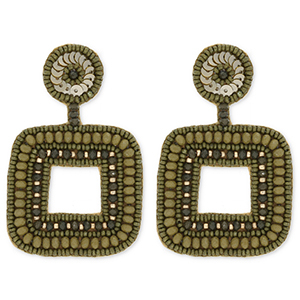 Trendy earrings / earpin with glass beads square Olive Green