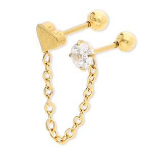 Stainless steel ear piercing heart with chain & strass Gold-Crystal