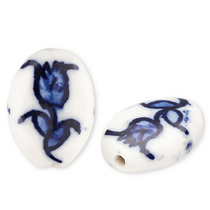 Beads ceramic oval with tulip Off White-Delft Blue