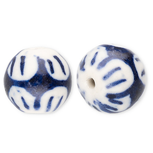 Beads ceramic 12mm with flower Off White-Delft Blue