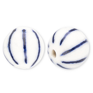 Beads ceramic 10mm with stripes Off White-Delft Blue