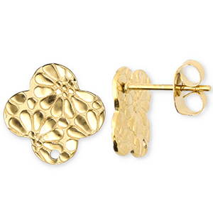 Stainless steel findings earrings / earpin clover with flower with loop Gold