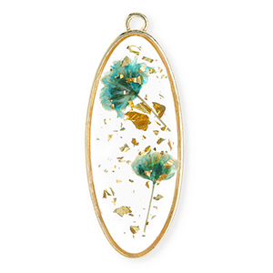 Charms with dried flowers oblong oval Gold-Eden Green