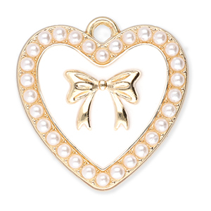 Metal charms heart with pearls and bow Gold-White