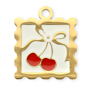 Stainless steel charms square with cherries Gold-Red-White