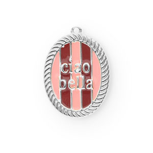 BY31&reg; Eco-brass metal charms with enamel oval Ciao bella"" Silver-Light Pink-Red