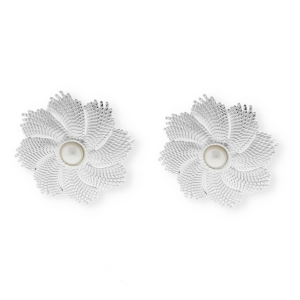 Stainless steel findings earrings&nbsp;/&nbsp;earpins flower with imitation pearl with loop Silver-White