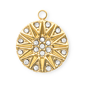 Stainless steel charms with strass round with sun Gold-Crystal