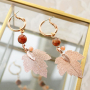 Keychain + earrings with genuine leaves, natural stone beads and satin macram&eacute; bead cord
