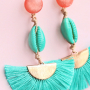 Colourful earrings with new tassels, cowrie shells and DQ European metal
