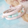 Beautiful semi-precious stone bracelets in soft colours mixed with wooden beads, cork, tassels and DQ metal charms.